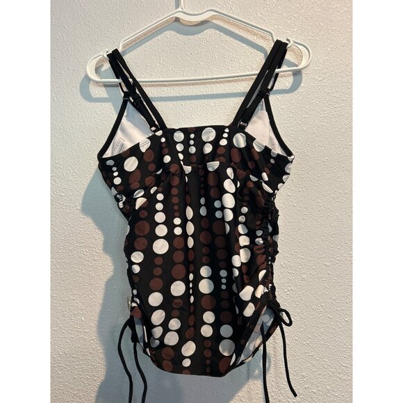 ATHLETA (34-C) Tankini Swim Top Bra Underwire RUCHED Black Brown Polka - Picture 3 of 6